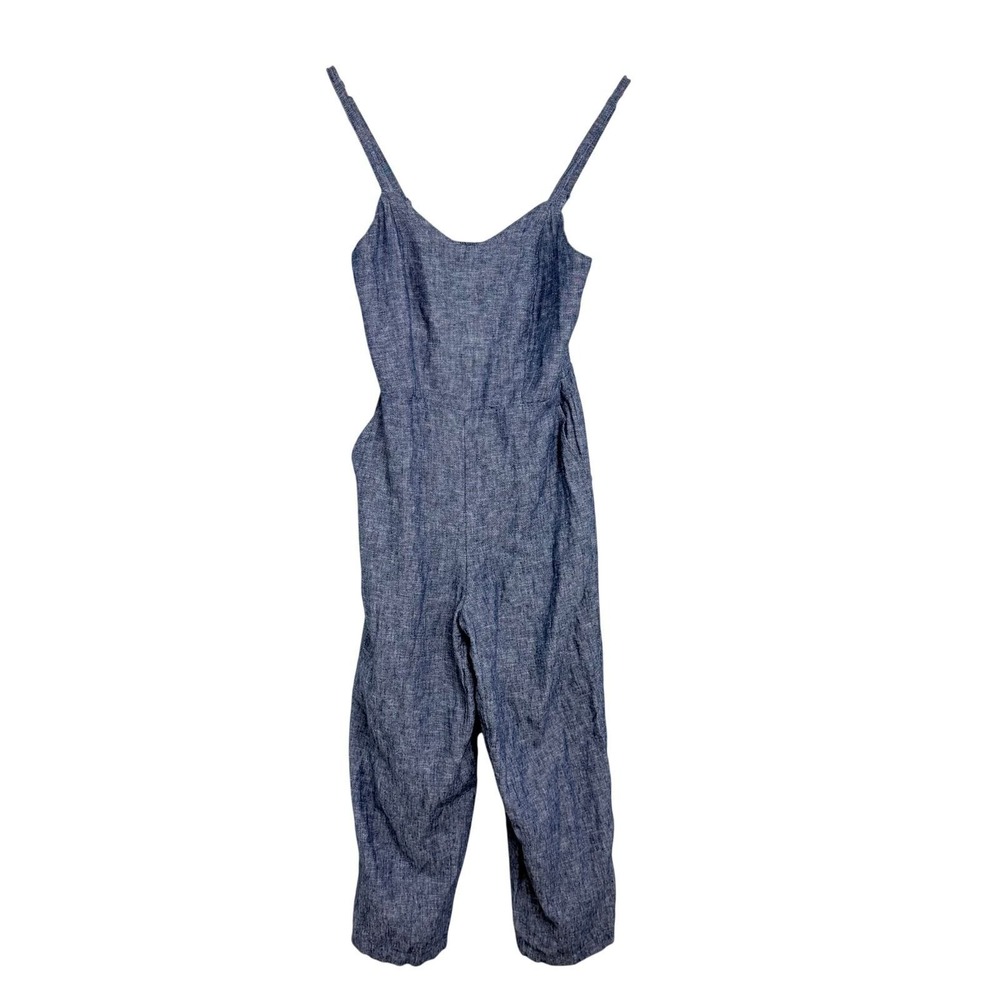 Old Navy Blue Linen Blend Chambray Jumpsuit XS Smocked Back Croppped Pockets